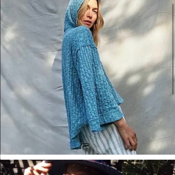 Free People Sweater Baja Babe Hooded Hacci Bell Sleeve Cerulean Blue - Picture 13 of 13